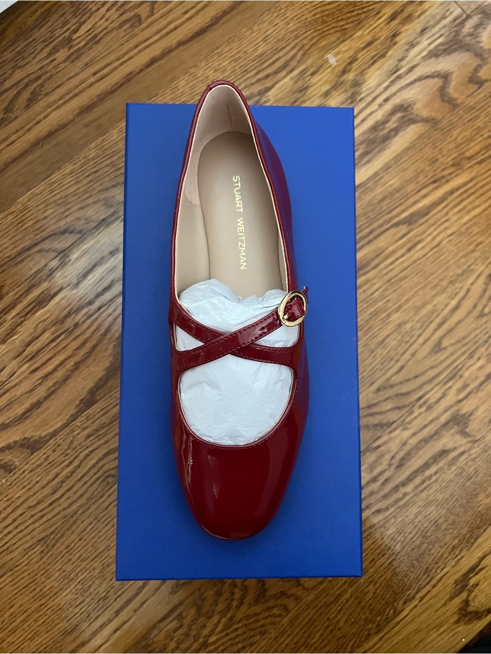 Stuart Weitzman Red Patent MaryJane Flat with Gold Buckle - Picture 2 of 6